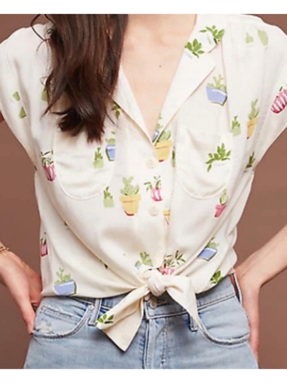 Anthropologie Maeve Raffine cactus print button down top size Large
